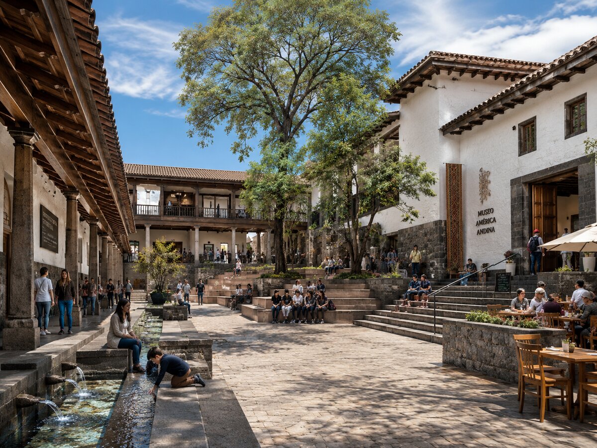 Track B: a courtyard with fountain and colonnade; the wall signage reads "Museo América Andina," an instance of the hallucination discussed in §5.