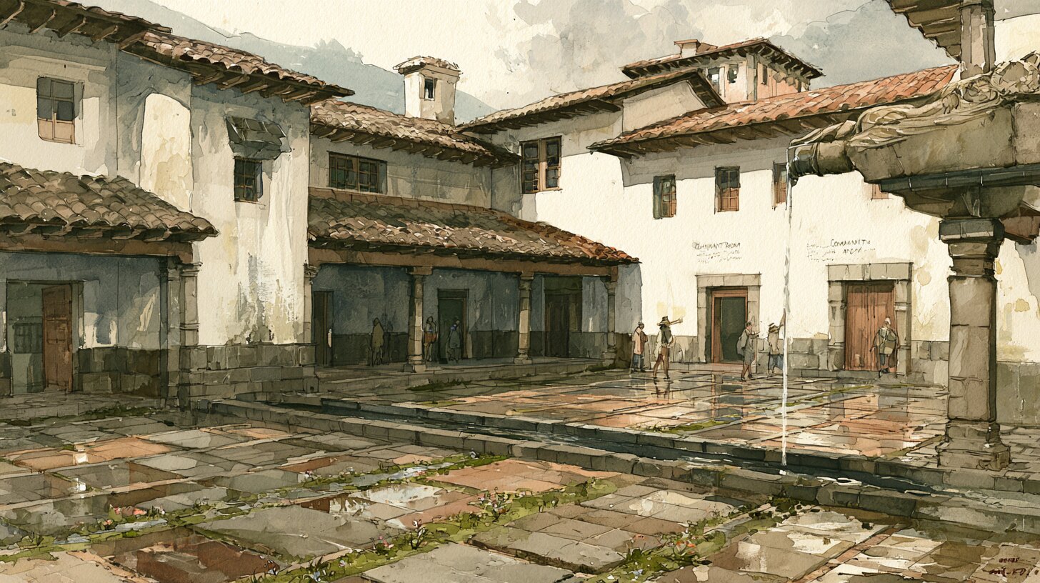 The Patio of Origins, water channel, community room door