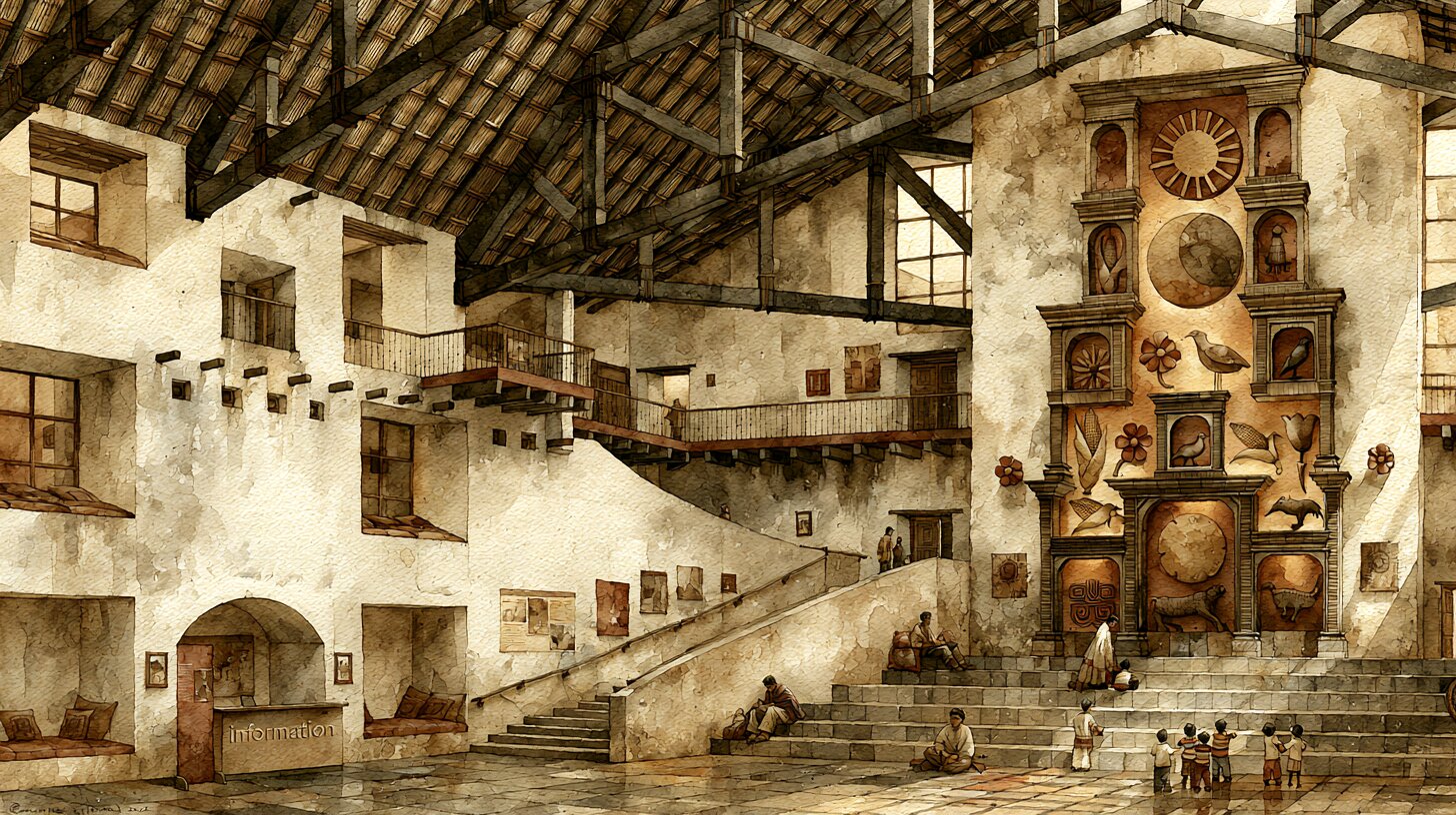 The Great Hall interior, timber roof structure, retablo wall