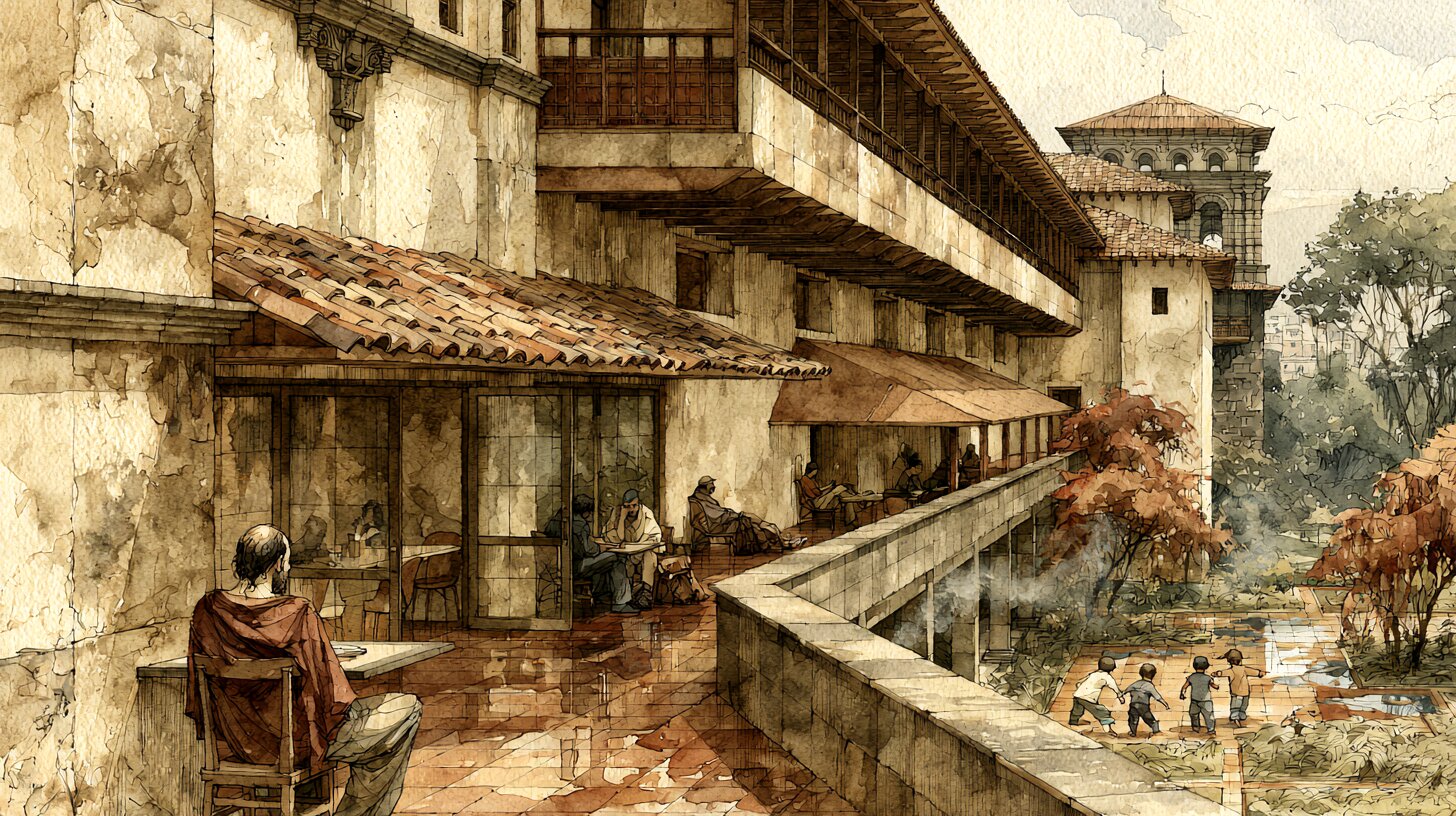 A deep recessed balcony, the café terrace and garden